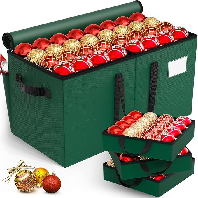 Christmas Ornament Storage Box - Large & Sturdy Christmas Storage Container with Adjustable Dividers, 8 Individual Trays and Handles, Holds up to 128 Holiday Decorations (Green)