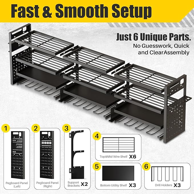 STURDIFLOW Large 49''W Power Tool Organizer Wall Mount | 620lbs Garage Storage Rack with 12 Cordless Drill Holder | 4-Tier Heavy Duty Utility Shelf for Battery Workshop Organization