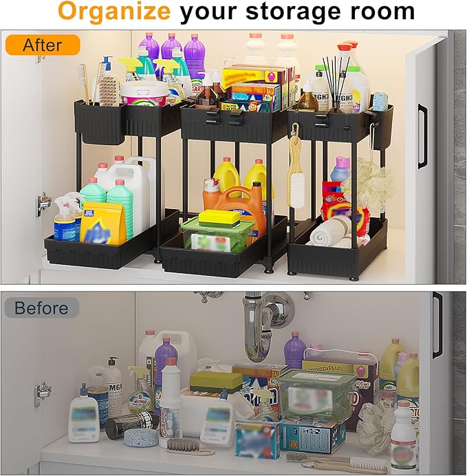 Sevenblue 3 Pack Under Sink Organizers, 2-Tier Multi-Use Kitchen and Bathroom Organizers and Storage with Sliding Drawers，Bathroom Cabinet Organizer (Black, 14.8 Inch)