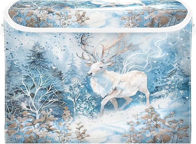 senya Winter Baskets Collapsible Storage Bins with Lids, Winter White Reindeer Snow Storage Boxes Clothes Baskets for Organizing