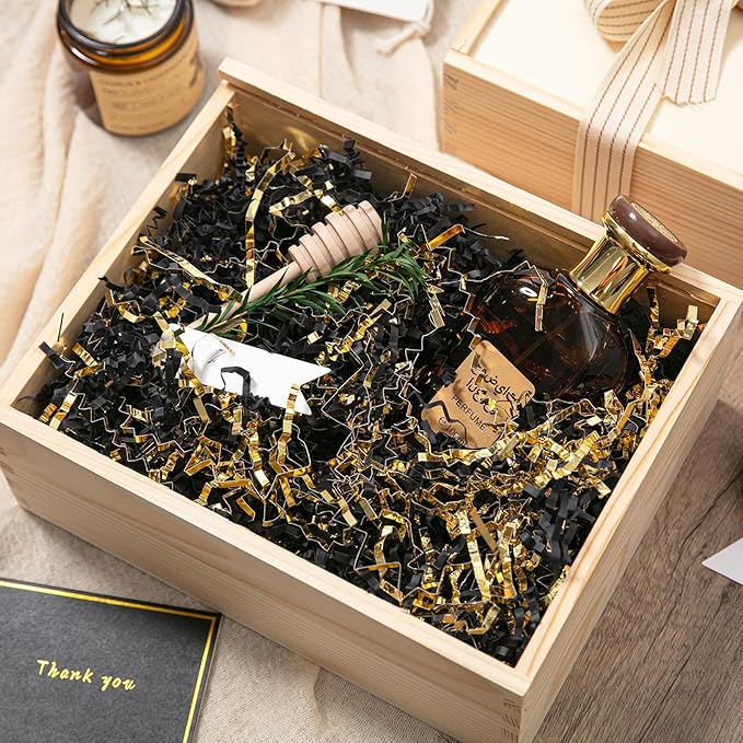 Mefleet 1 LB Crinkle Cut Paper Shred Filler Black & Gold Crinkle Shredded Paper for Gift Box - Gift Basket Bag Filler - Grass Cushion Stuffing for Christmas Holiday Packaging Wrapping
