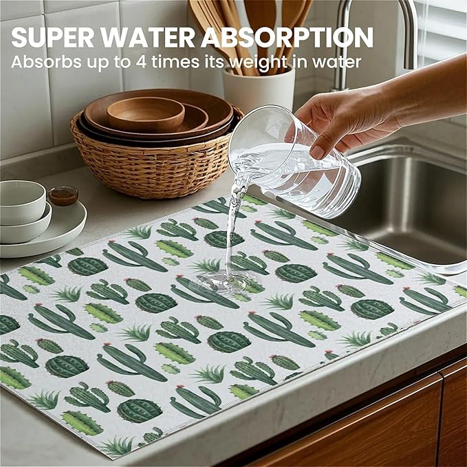 Dish Drying Mat For Kitchen Counter, Green Cute Cactus Microfiber Absorbent Dish Drainer Rack Pad Reusable Large 18x24in Drying Mat