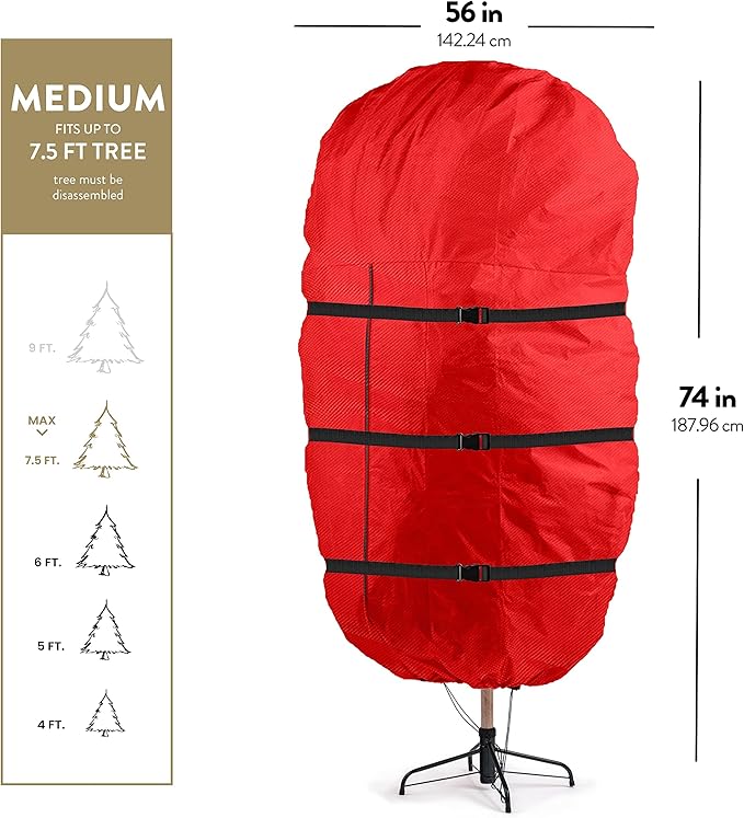 ZOBER Upright Christmas Tree Storage Bag With Drawstring Hem- Fits 7.5 Ft Trees - Oxford Waterproof Fabric Christmas Tree Bag For Storage Box For Xmas - Strong, Durable Straps & Handles - Red