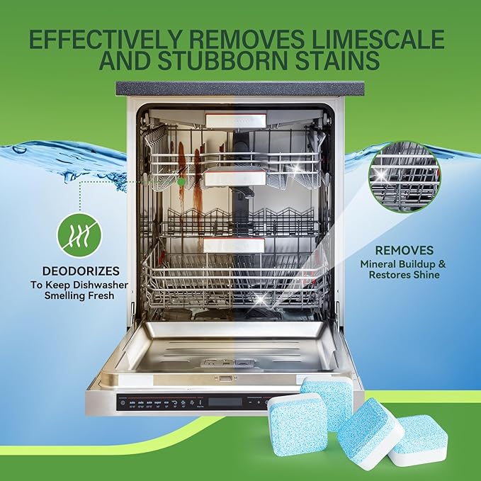 Dishwasher Cleaner and Deodorizer Tablets - 24 Pack,Deep Cleaning,Natural Formula,Effective Limescale & Odor Removal,Calcium,Scale,Hard Water Stains,Oil,Compatible with All Models