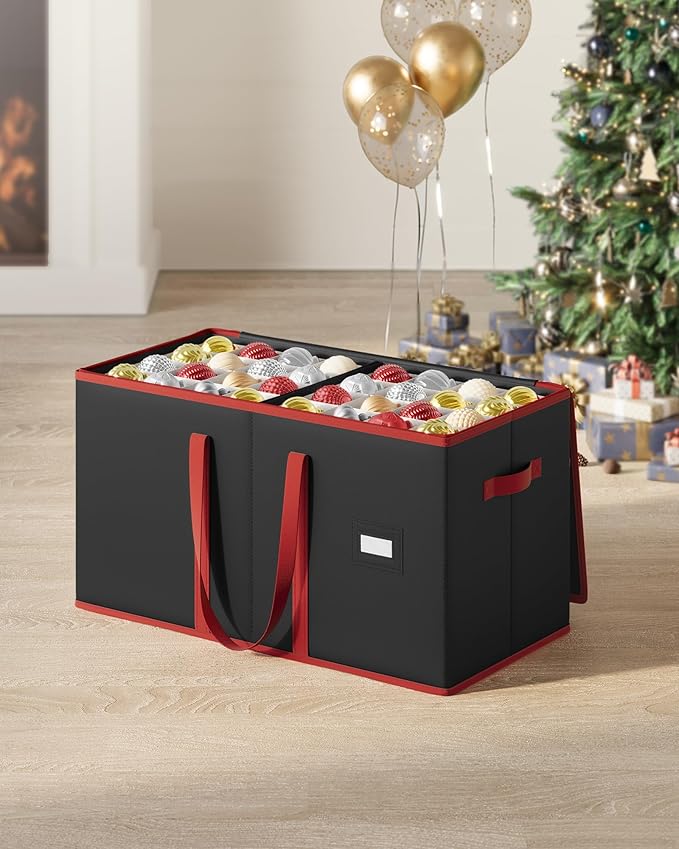 SONGMICS Christmas Ornament Storage Box, Dual Zippers, Stackable Christmas Storage Container with Lid, 8 Trays, 600D Oxford, 3-Inch 128 Slots, Ink Black URFB035B01