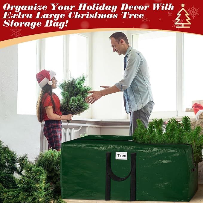 Christmas Tree Storage Bag 7.5 Ft With 2 Large Tinsel Garland Bags, Waterproof Material, Reinforced Handles & Dual Zipper, Green