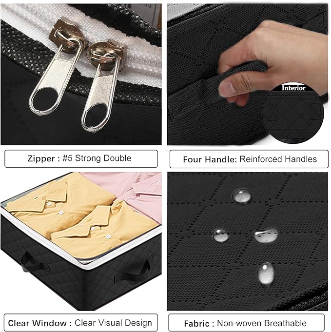 2 Pack Under bed Storage Containers, 90L Large Capacity Bedroom Closet Organizers and Storage Bins Foldable Underbed Storage Bags for Clothes, Blanket, Towels, Comforter, Sweaters, Linen Sheet Black