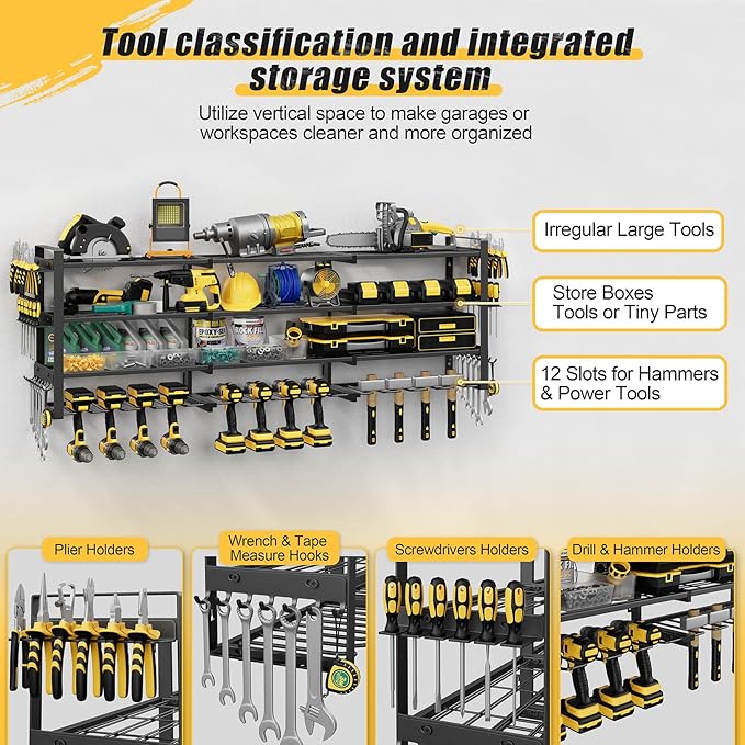 49.4'' Large Power Tool Organizer Wall Mount, 4-Tier Tool Storage Rack with 12 Drill Holders, 600LBS Load Heavy Duty Cordless Tool Shelf for Garage Organization, Gift for Men