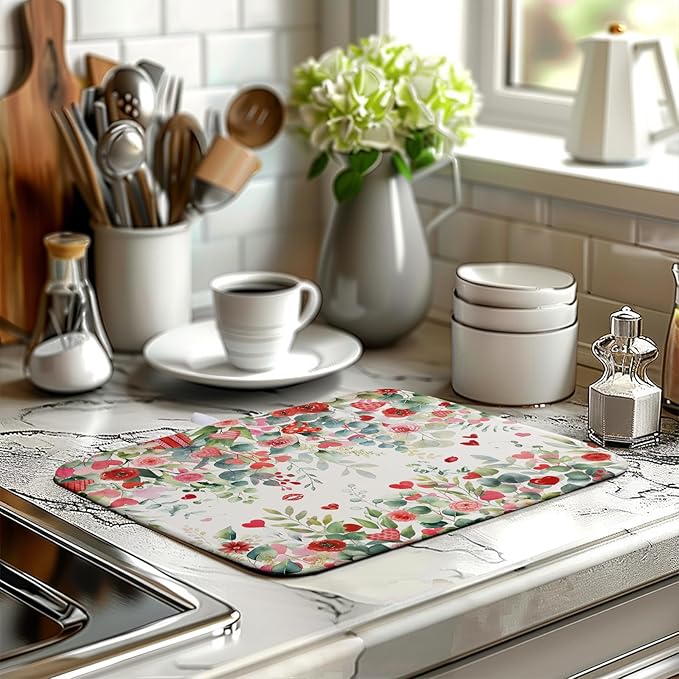 Wnoesat Valentine Dish Drying Mat for Kitchen Counter 16x18 Inch Valentines Love Heart Rose Eucalyptus Leaf Dishes Drying Pad Microfiber Absorbent Dish Draining Washable Dish Drainer Mat