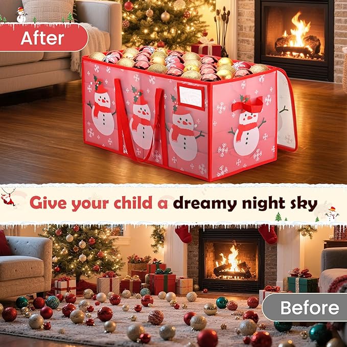 Plastic Christmas Ornament Storage Box with Adjustable Dividers, Waterproof Christmas Storage Containers Keep 128 Capacity, Dual Zippers, Ornament Organizer to Store Holiday Decor-Snowman