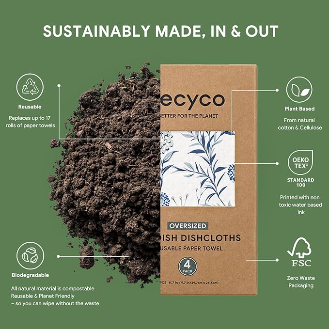 RECYCO Swedish Dishcloths for Kitchen | 4 Pack Oversized Washable Dish Rags | Large Cellulose Reusable Cleaning Paper Towels | Absorbent Counter Dish Cloth Sponge XL Kitchen Wipes, 12" L x 10" W