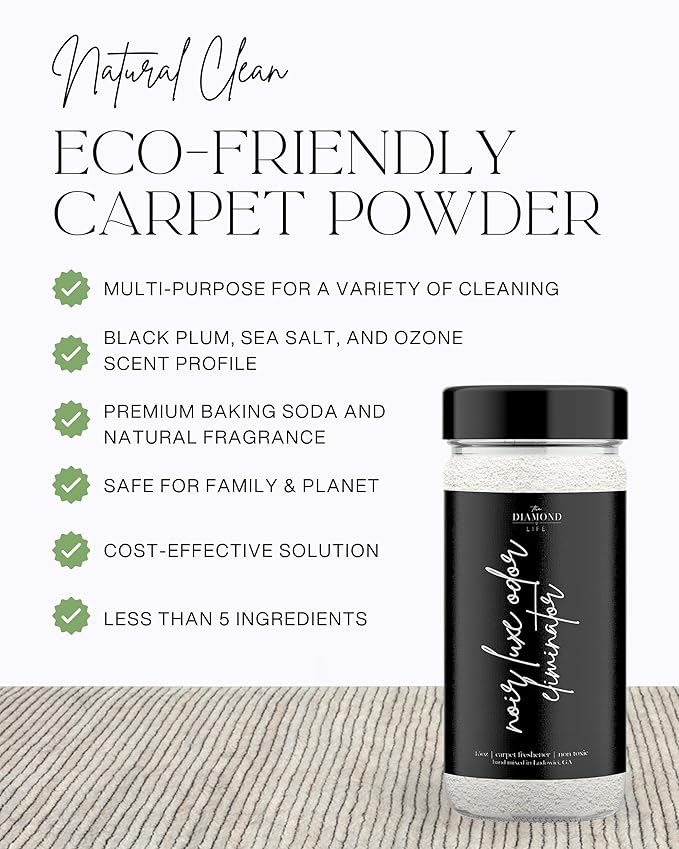 The Diamond Life Home “NOIR LUXE” Carpet Deodorizer Powder – Natural Odor Eliminator for Carpet, Upholstery, Pet Urine, Dog Beds & Cat Litter Boxes – Pet-Friendly – Black Plum, Sea Salt & Ozone