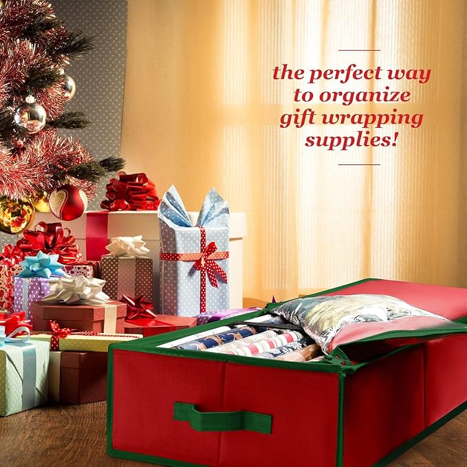 Premium Wrapping Paper Organizer Storage | Gift Wrap Holder With Extra Pockets for Christmas Decorations, Reinforced Handles, Heavy Duty, Ultra-Durable, Tear-Proof Fabric - Fits Up to 27 Rolls (Red)