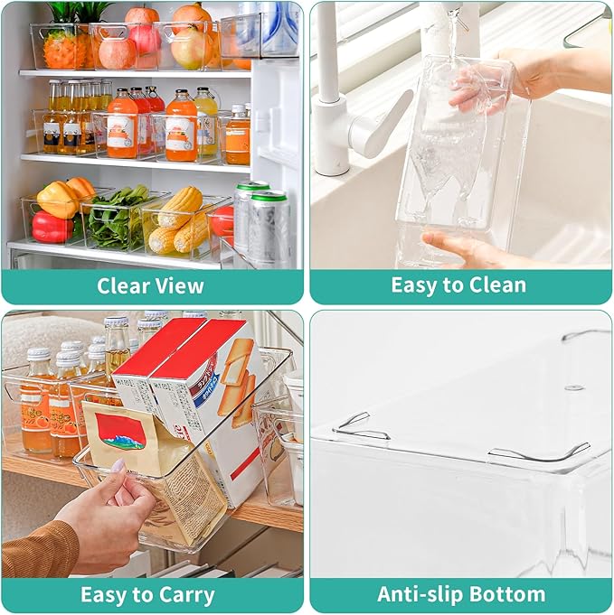 Homaigie 12 Pack Clear Plastic Storage Bins, Multi-Use Pantry Organizer and Storage Containers, Fridge Organizer Bins with Handles for Kitchen, Cabinet, Snack and Refrigerator Organization