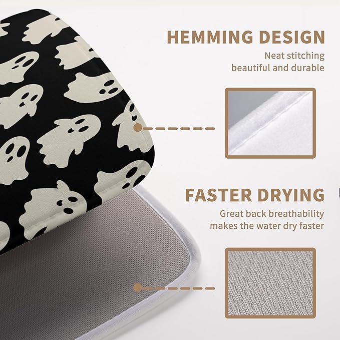 Halloween Ghosts Dish Drying Mat Black and White Large Kitchen Mats Dish Drying Pad Absorbent Dish Dryer Mat for Kitchen Countertops Microfiber Drainer Pad Dish Drying Mats (18x24 in)