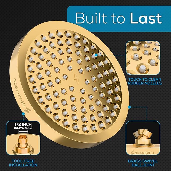 SparkPod Shower Head - High Pressure Rain - Premium Quality Luxury Design - 1-Min Install - Easy Clean Adjustable Replacement for Your Bathroom Shower Heads (Egyptian Gold, 6 Inch Round)