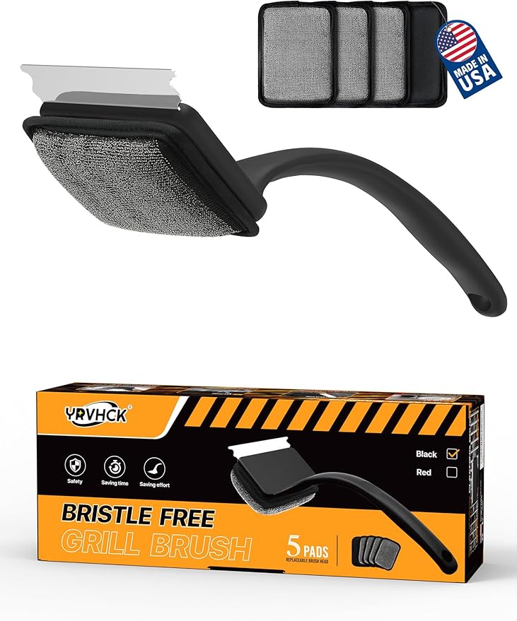 Grill Brush Bristle Free, Grill Cleaner Brush with 5 Replacement Heads, Ultra Safe Grill Brush for Outdoor Grill, Cast Iron, Stainless Steel Grates, Grill Scraper Outdoor BBQ Grill, Black