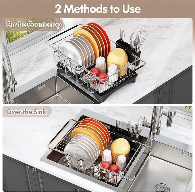 romision in Sink Dish Drying Rack, Stainless Steel Dish Drainers for Kitchen Sink, Use for Countertops & in Sinks & Over Sink, Compact Dish Dryer Racks with Utensil & Cup Holder, Sliver