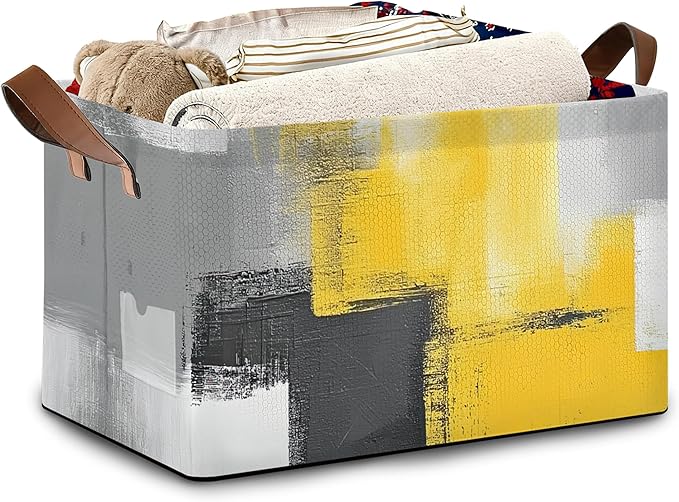 Yellow Gray Storage Baskets,Modern Art Foldable Large Capacity Organizer Bins with Waterproof Lining and Leather Handles for Closet,Shelf,Bedroom 17x11.5x10Inch