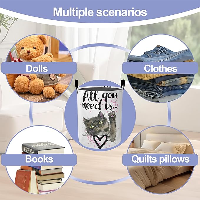 Cute Cat Laundry Basket, All you Need is Oxford Cloth Laundry Hamper With Handle Foldable Portable Clothes Storage Basket Storage Bag For Laundry Room/Bathroom/Bedroom/Dormitories