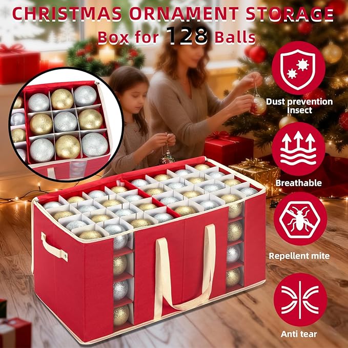 Large Christmas Ornament Storage Box With Adjustable Dividers,Ornament Storage Container with Two Handlesfor 128 Holiday Decorations,Red