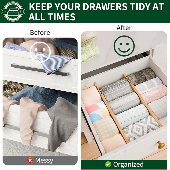 Dunruz 6 Pack Bamboo Drawer Dividers 2.6" High,17-22" Adjustable Spring Loaded Clothes Drawer Organizers for Kitchen, Dresser, Bathroom, Bedroom and Office