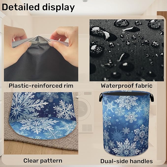Winter Snowflakes Large Clothes Hamper Bag - Laundry Basket with Handles, Space Saving Foldable Design for Nursery