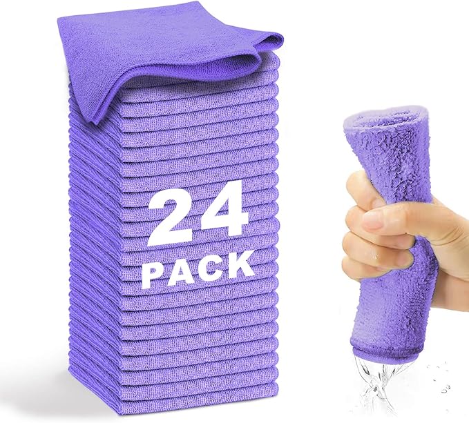 WEAWE Microfiber Cleaning Cloth-24Pcs (13x13 inch) Ultra Soft Highly Absorbent Rags for Housekeeping-Machine Wash (Purple)