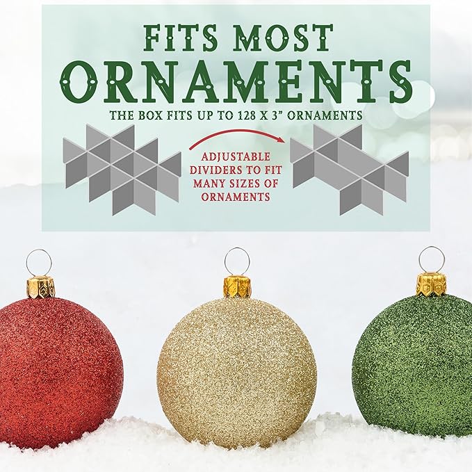 Christmas Ornament Storage Container,Box Stores Up to 128-3 inch ornaments, Adjustable Dividers, Large Organizer Bin to Protect and Store Holiday Décor - Green