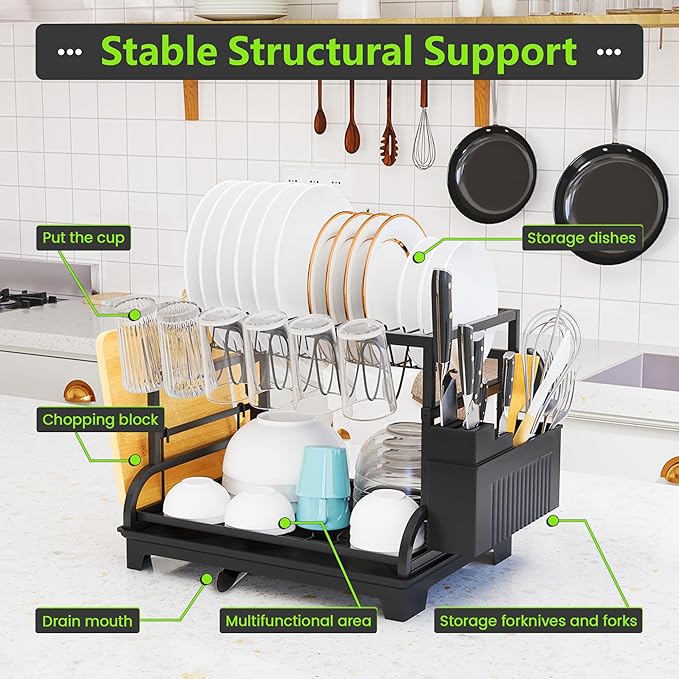 HomeCurated 2-Tier Foldable Dish Drying Rack with Drainboard, Stainless Steel Large Capacity Kitchen Counter Organizer with Cup Holder, Utensil & Cutting Board Storage, No Assembly Required, Black