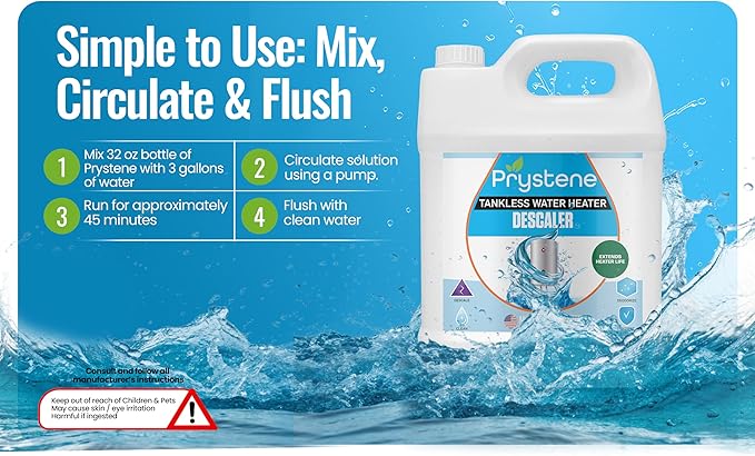 Prystene Tankless Water Heater Descaler Solution (32 Fluid Ounces) - Professional-Grade Descaler/Cleaner Restores Heating Efficiency. Easy to Use, Food Grade Ingredients, Biodegradable, Made in USA.