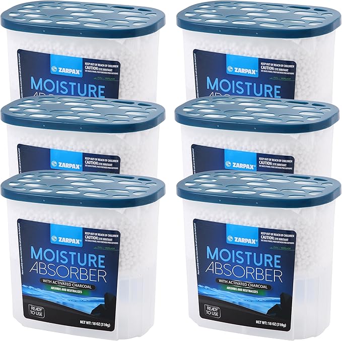 ZARPAX Moisture Absorber Activated Charcoal 18 oz/510g | Removes Moisture, Damp, Humidity & Odors | Odor Absorber | Moisture Trap for Bathroom, Closet, Kitchen & Small Spaces | Set of 6