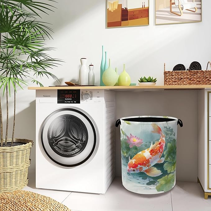 Goldfish Laundry Basket,Lotus Foldable Oxford Cloth Tote Bag Laundry Hamper Clothes Storage Bucket Organizer for Bedroom Laundry Storage Dormitories 16" x 20.8"