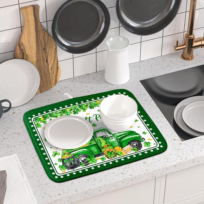 Shamrock Gnome Truck Dish Drying Mat Lucky Clover Dish Drainer Mat 16x18 inch Absorbent Fast Dry Pad for Kitchen Counter Coffee Bar Decor