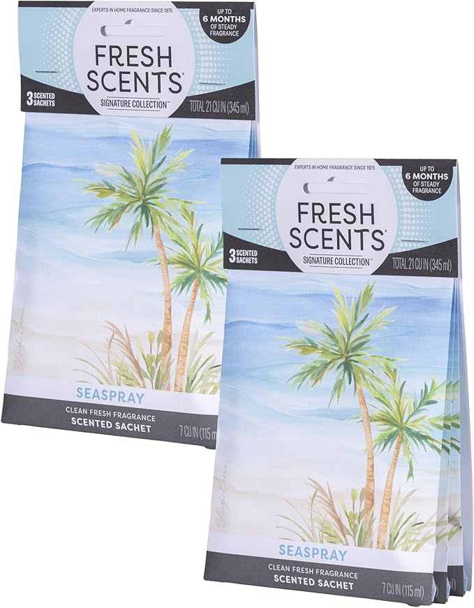 Fresh Scents Scented Sachets | Seaspray | Home Fragrance | Long Lasting (Up to 6 Months) | Air Freshener for Closets, Drawers, & Cars | 6 Pack
