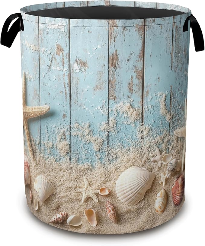 Large Laundry Basket,Beach Seashell Starfish Collapsible Laundry Baskets,Blue Wooden Waterproof Oxford Hamper with Handles for Bathroom Bedroom Nursery Home Storage 16"x20"