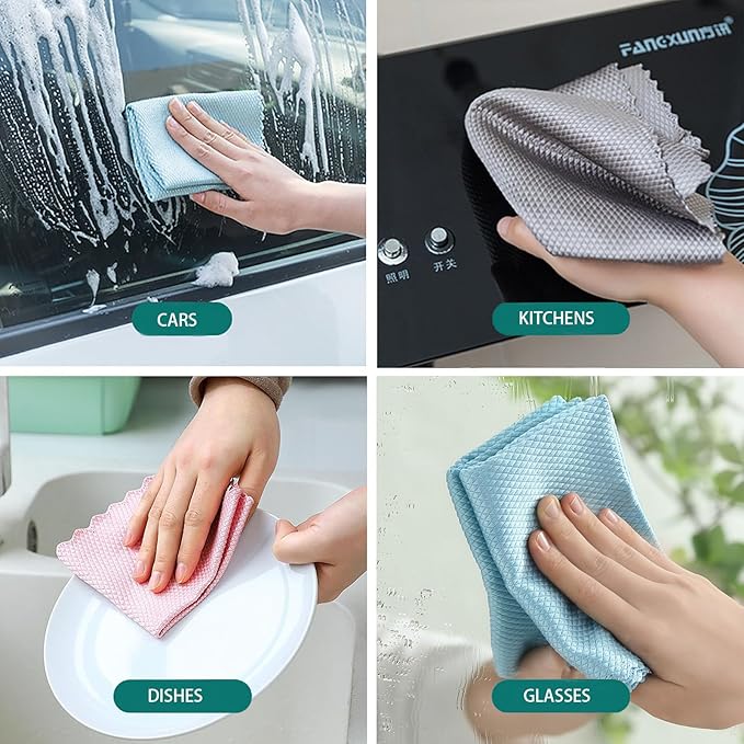 Fish Scale Microfiber Cleaning Cloth Steak Free Glass Window,Car,Mirror,Screen,Windshield, Lint-Free Shower Stainless Steel Cleaner Cloths, Drying Polishing Dish Kitchen Towels, 8, Pink, Blue, Grey