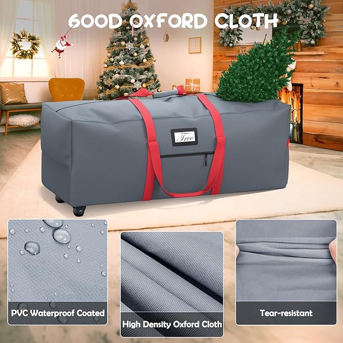 Mrrihand Christmas Tree Storage Bag, Large Artificial Anti-Tear Heavy-Duty 600D Oxford Cloth Xmax Christmas Tree Storage Box with Rolling Wheels, Christmas Tree Storage Container (Grey&Red, 9Ft)