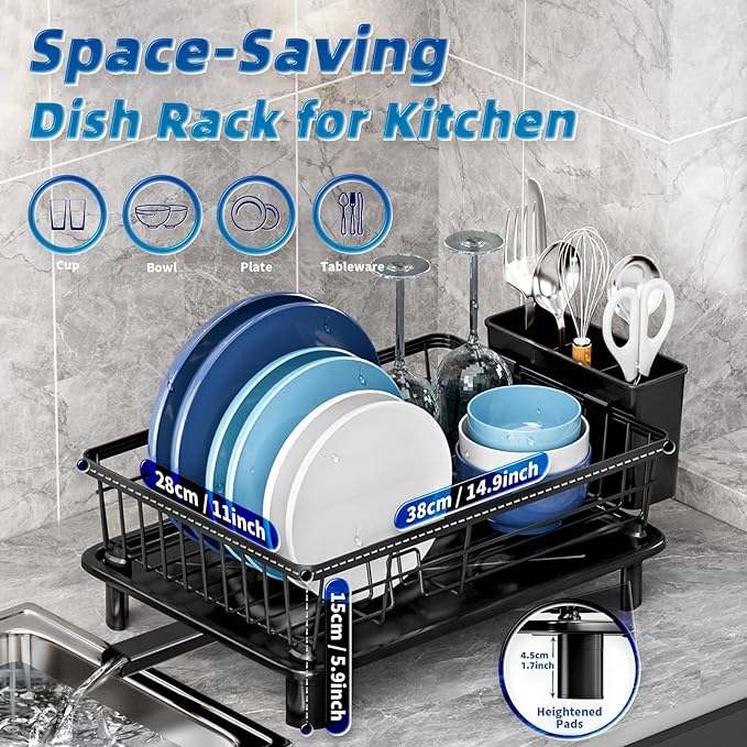 GAOKASE Dish Drying Rack, Stainless Steel Space-Saving Dish Rack, Dish Racks for Kitchen Counter, Kitchen Dish Drainers with Removable Utensil Holder,New Drain Outlet,Plate Rack and Drainboard, Black