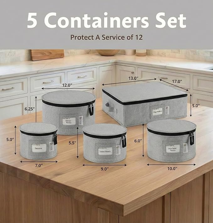 China Storage Hard Shell Containers 5-Piece Set Moving Boxes for Dinnerware, Glasses, Plates, Mugs and Saucers Sturdy Dish Organizer with Dividers for Seasonal Storage - Service for 12 - Gray