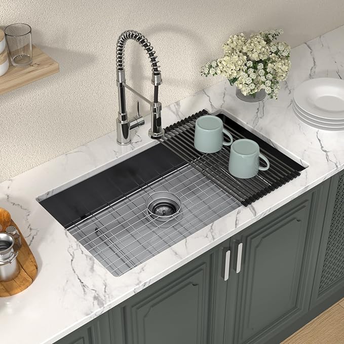 Lordear 33 Inch Black Stainless Steel Sink Undermount Kitchen Sink T304 16 Gauge 33x19 Inch Single Bowl Sink Handmade, Gunmetal Black 33x19x10 Inch, Handmade