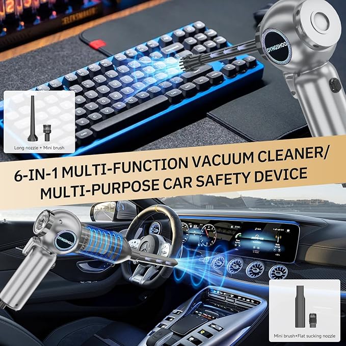 LOQFGDW Handheld Car Vacuum Portable Cordless（Equipped with a one-Touch Window Breaker and Seatbelt Cutter ） Car Vacuum Cleaner with 25000Pa Ultra-Strong Suction,Design for Drivers (Silver Gray)