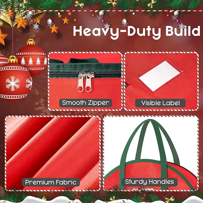 Criusia Wreath Storage Container, 2 Pack Christmas Wreath Storage Bag with Sturdy Handle, Two-Way Zipper,Durable Wreath Storage Organizer Box for Holiday Decoration (Red, 24"x8")