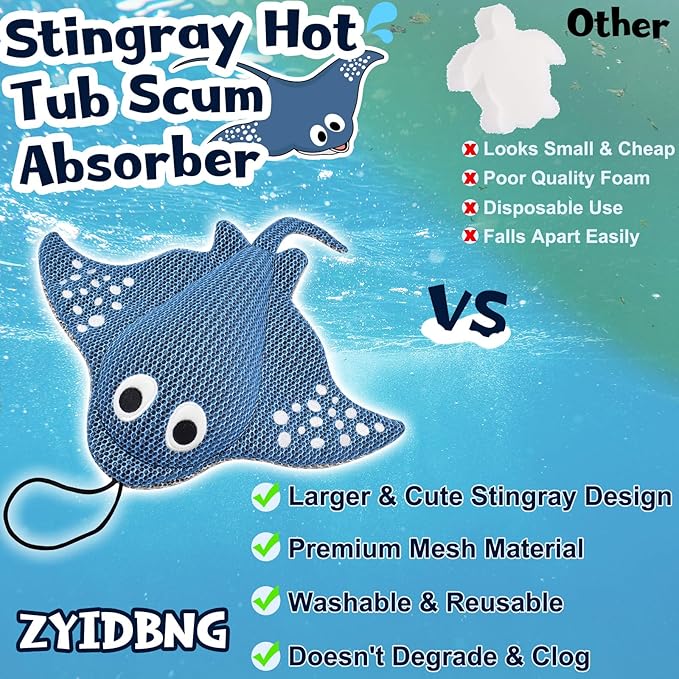 Stingray Hot Tub Scum Absorber Reusable Washable for Spa Scum Ray Floating Hot Tub Oil Absorber Cleaner Accessories for Adults (2 Pack, Stingray)