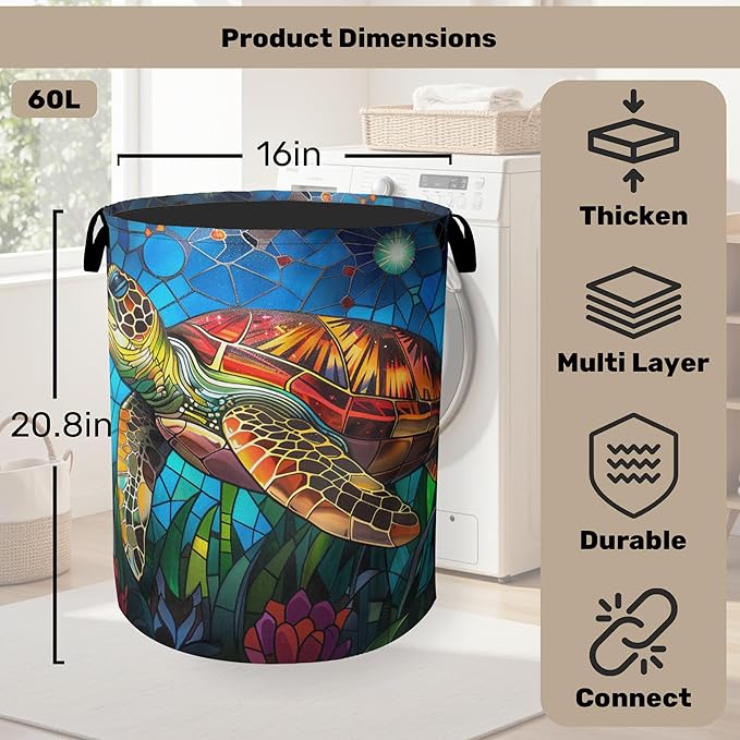 Sea Turtle Foldable Canvas Laundry Basket with Handles - Toy Organizer, Heavy Duty for Home，Bedroom, Dorm, Bathroom