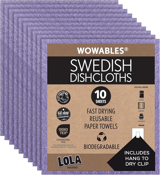 LOLA Swedish Dishcloths for Kitchen 10 Sheets, Biodegradable & Compostable Reusable Paper Towel Cleaning Cloths Zero Waste No Odor Washing Dishes Ultra Absorbent Cellulose Sponge Towel Made in Germany
