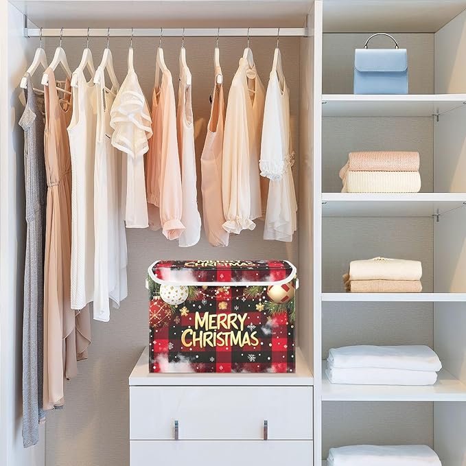 Bolaz Storage Bins with Lids and Handles,Christmas Red Plaid Storage Box Storage Basket with Cover Collapsible Organizer Containers for Home Closet, Shelves