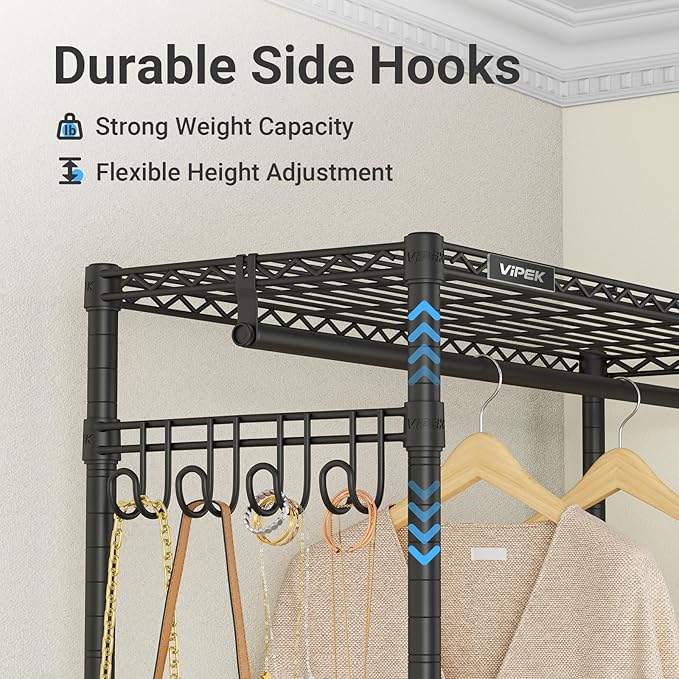 VIPEK R2C Plus Heavy Duty Rolling Garment Rack with Cover Clothing Racks for Hanging Clothes Portable Closets with Adjustable 3 Wire Shelves, Double Rods, Black Rack with Grey Upgraded Polyester Cover