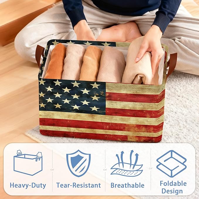 Vintage Flag Storage Baskets,Foldable Large Capacity Organizer Bins with Waterproof Lining and Leather Handles for Closet,Shelf,Bedroom 17x11.5x10Inch
