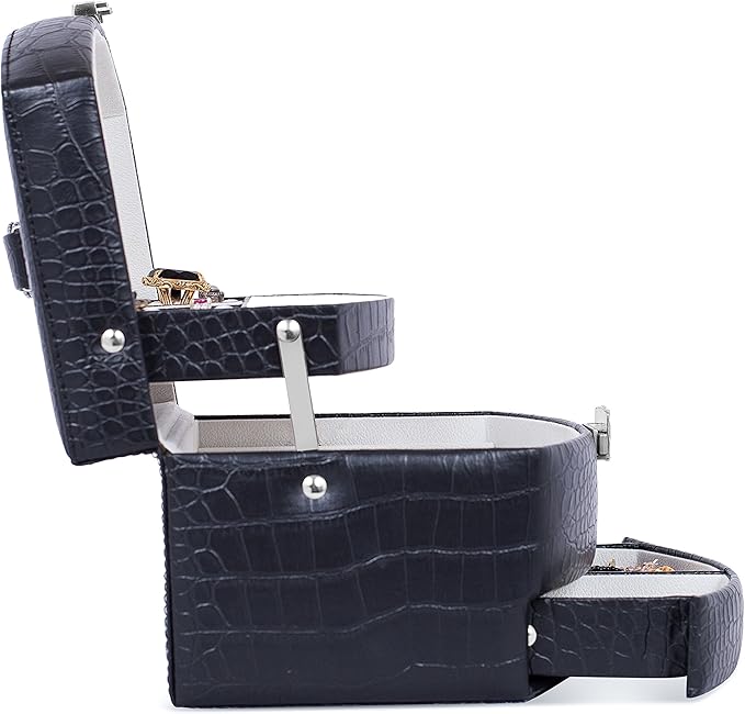 Internet's Best Faux Leather 3-Tier Jewelry Case | Slide Open Jewelry Box | Multi Compartment for Rings, Earings, Necklaces & Bracelets | Interior Mirror | Black
